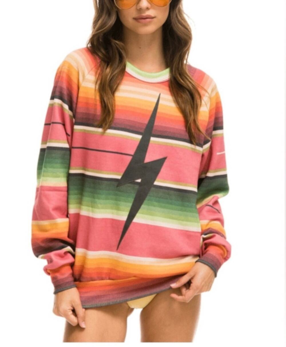 Aviator Nation Tulum Bolt Stitch Sweatshirt XS Pink Serape Rainbow Stripe